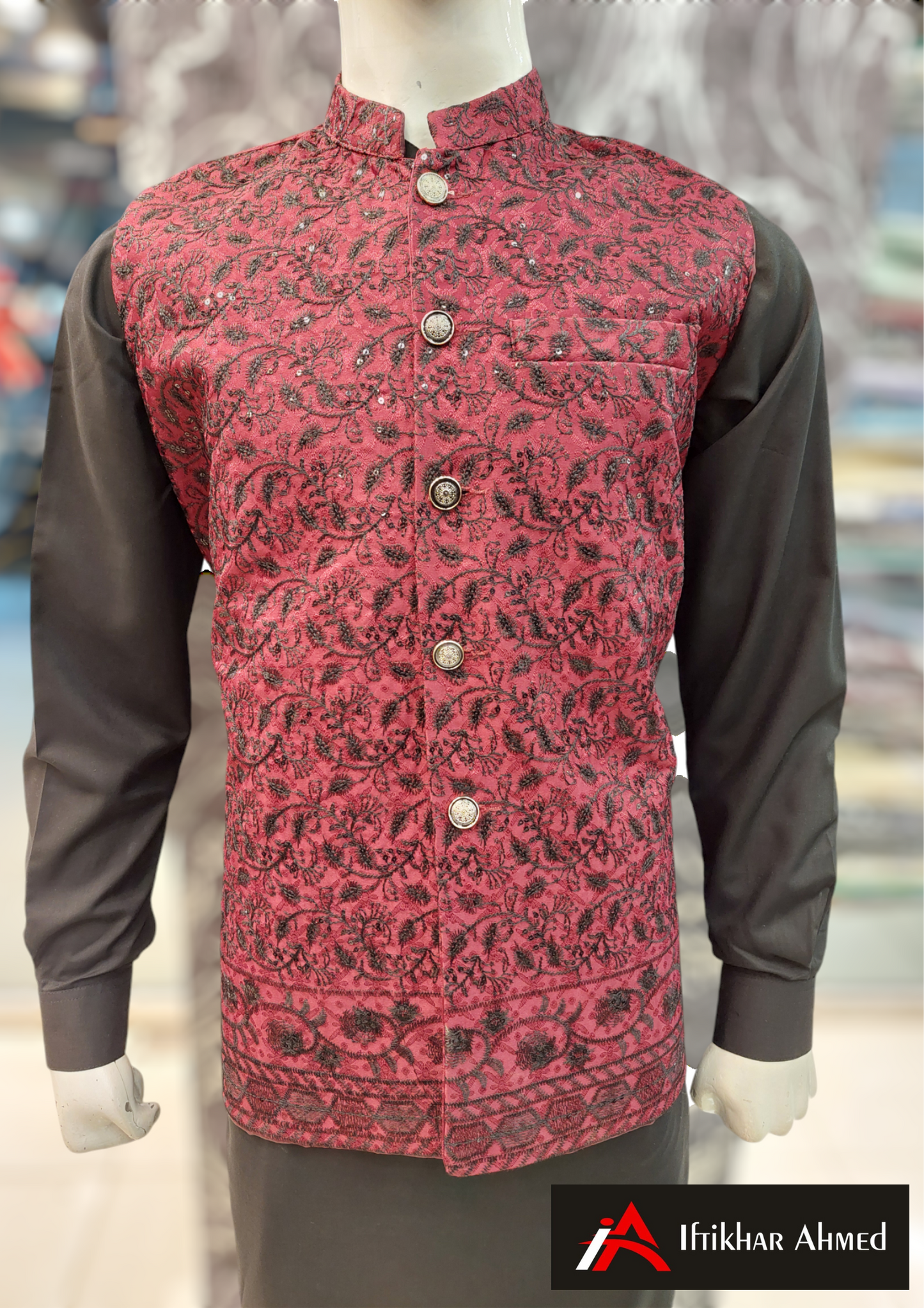 Red with Black Embroidery - Waist Coat fabric Masoori