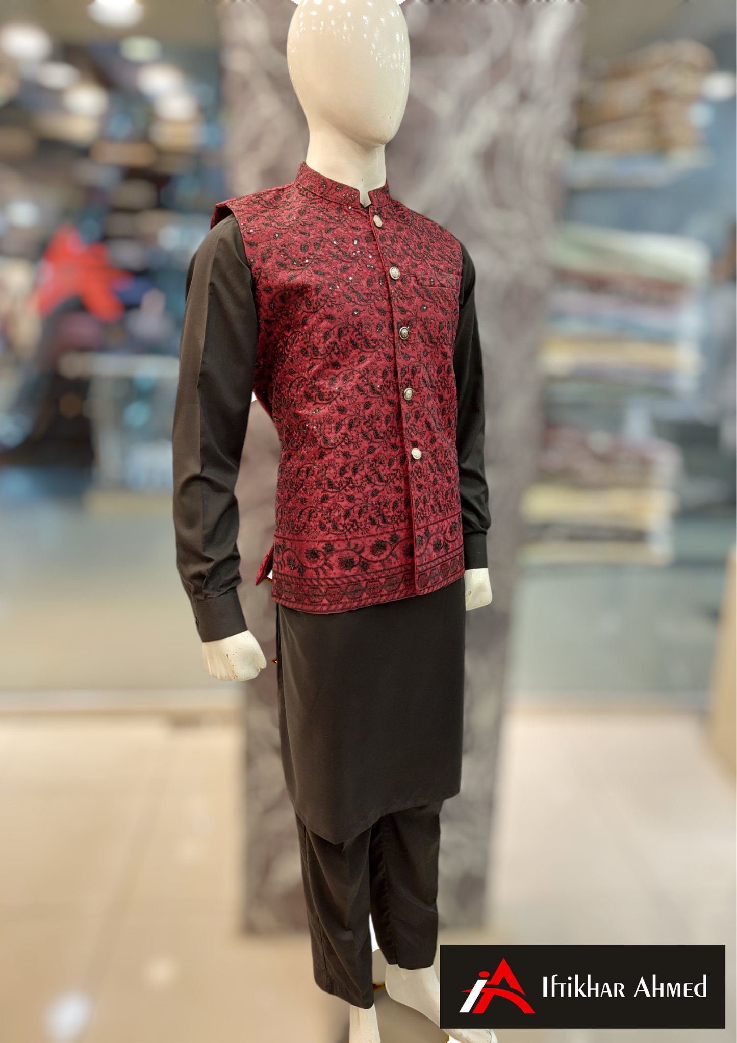 Red with Black Embroidery - Waist Coat fabric Masoori