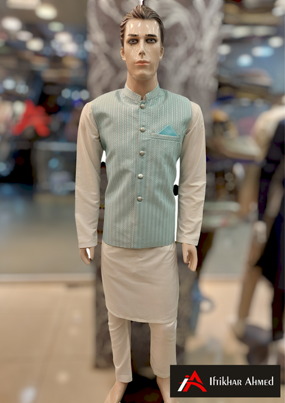 Turquoise Blue With White Embose - Waist Coat – Fabric Jamawar Zaari