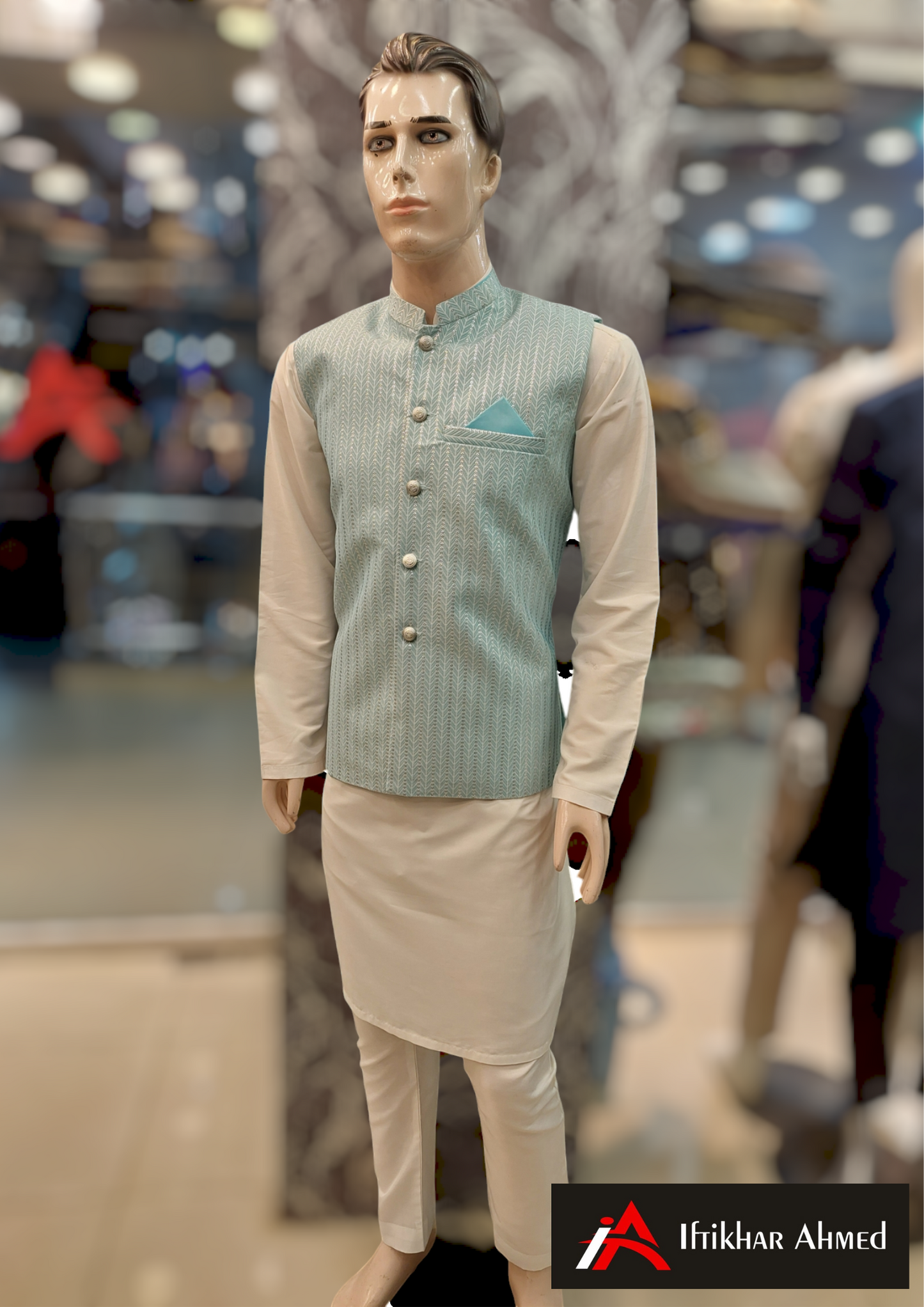 Turquoise Blue With White Embose - Waist Coat – Fabric Jamawar Zaari