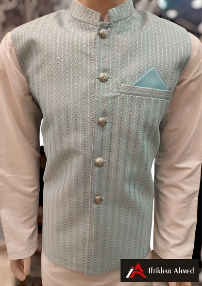 Turquoise Blue With White Embose - Waist Coat – Fabric Jamawar Zaari