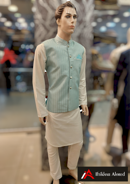 Turquoise Blue With White Embose - Waist Coat – Fabric Jamawar Zaari