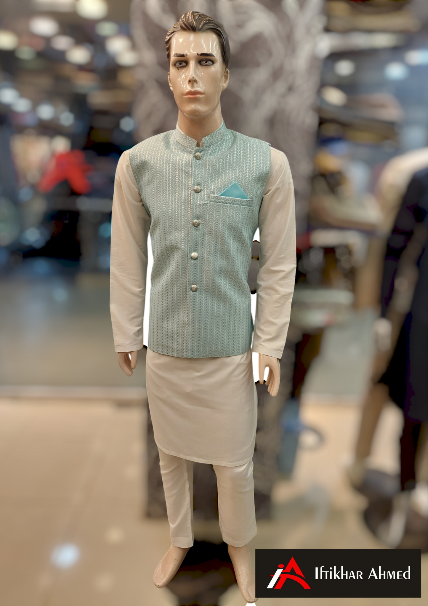 Turquoise Blue With White Embose - Waist Coat – Fabric Jamawar Zaari