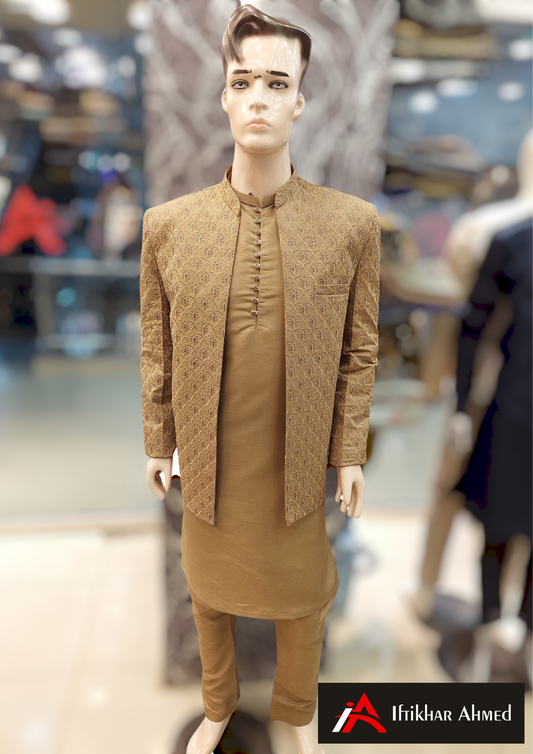 Bright Brown With Same Embroidery - Open Style - Prince Coat - Masoori Fabric