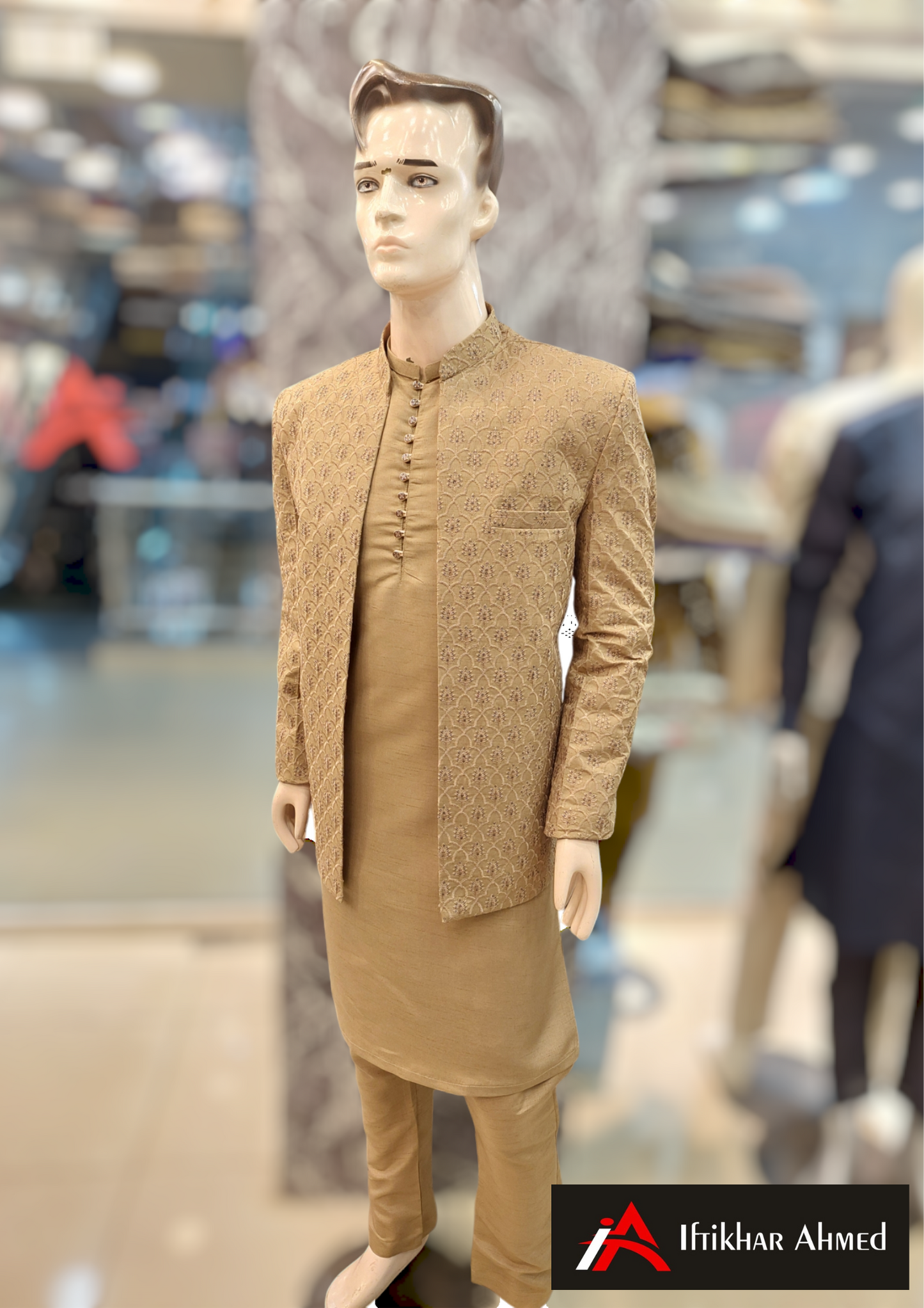 Bright Brown With Same Embroidery - Open Style - Prince Coat - Masoori Fabric