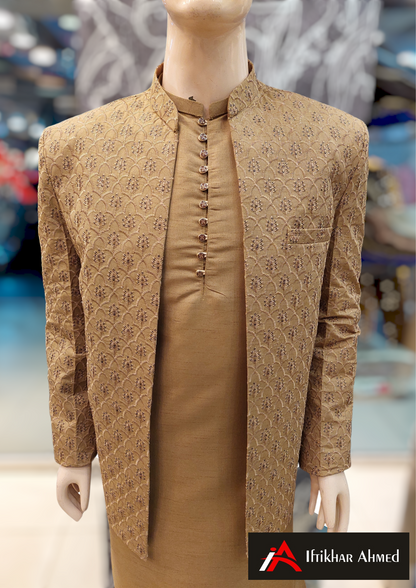 Bright Brown With Same Embroidery - Open Style - Prince Coat - Masoori Fabric