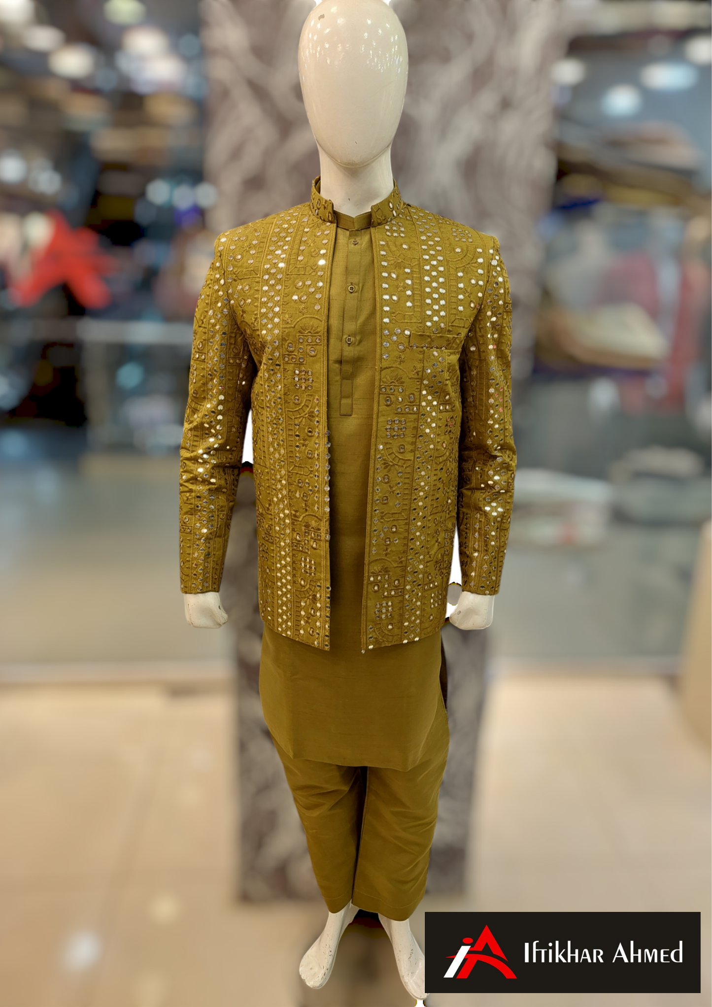 Dhaani Green With Mirror Work Embroidery Open Style Prince Coat Masoori Fabric