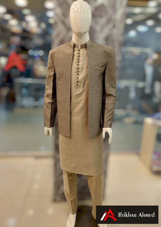 Mouse Grey With Same Embroidery Open Style Prince Coat - Masoori Fabric