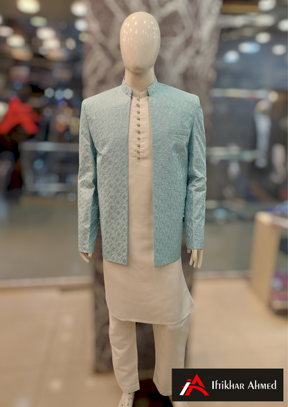 Sky Blue With Same Embroidery Open Style Prince Coat - Masoori Fabric