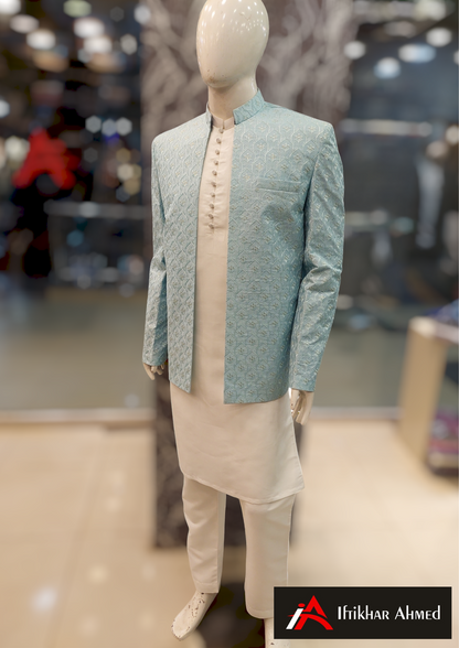 Sky Blue With Same Embroidery Open Style Prince Coat - Masoori Fabric