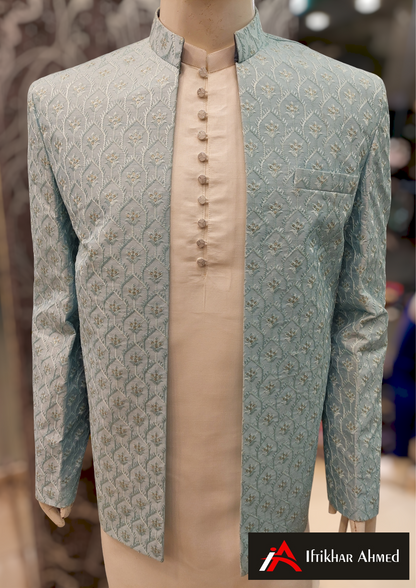 Sky Blue With Same Embroidery Open Style Prince Coat - Masoori Fabric