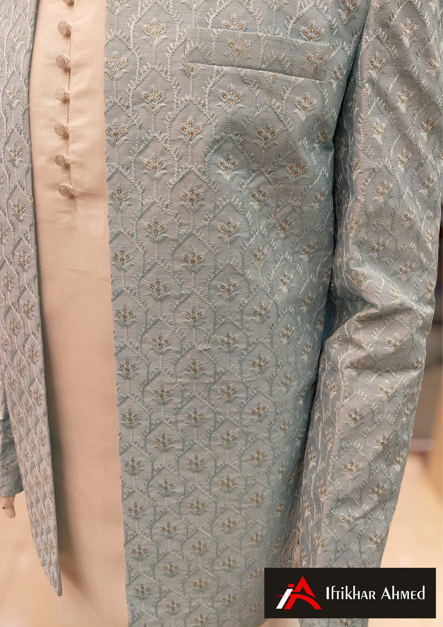 Sky Blue With Same Embroidery Open Style Prince Coat - Masoori Fabric