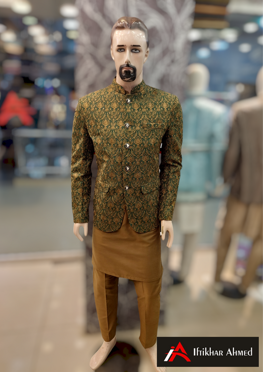 Green With Copper Embroidery - Prince Coat - Masoori Fabric