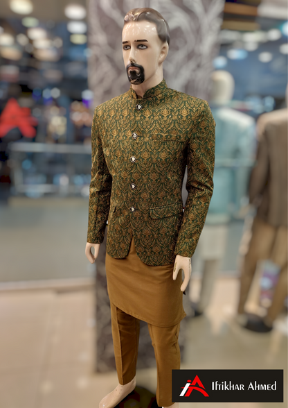 Green With Copper Embroidery - Prince Coat - Masoori Fabric