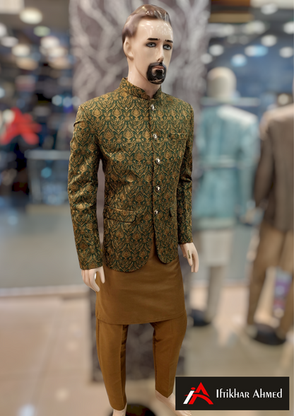 Green With Copper Embroidery - Prince Coat - Masoori Fabric