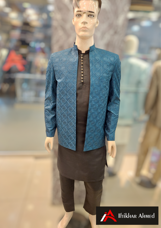 Zinc Blue With Same Embroidery - Open Style Prince Coat - Masoori Fabric