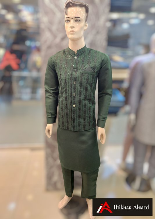 Bottle Green with Black Embroidery - Waist Coat - Masoori Fabric