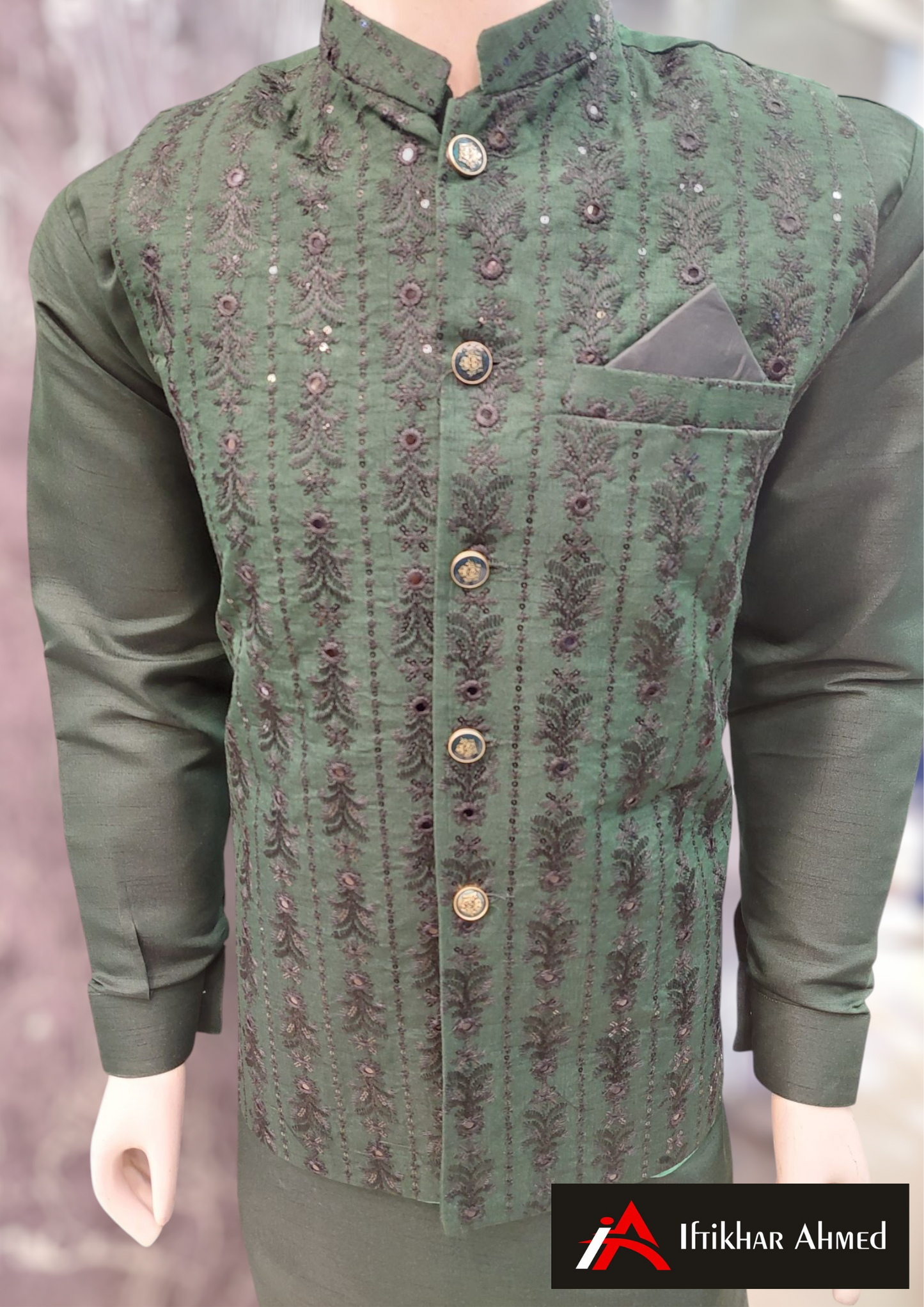 Bottle Green with Black Embroidery - Waist Coat - Masoori Fabric