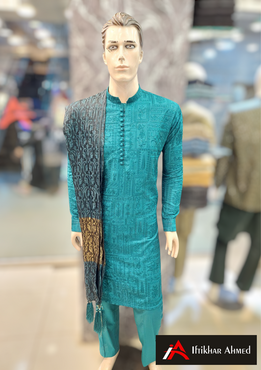 Teel Blue - Kurta Pajama - Masoori Sequence Work - Cotton Silk Fabric