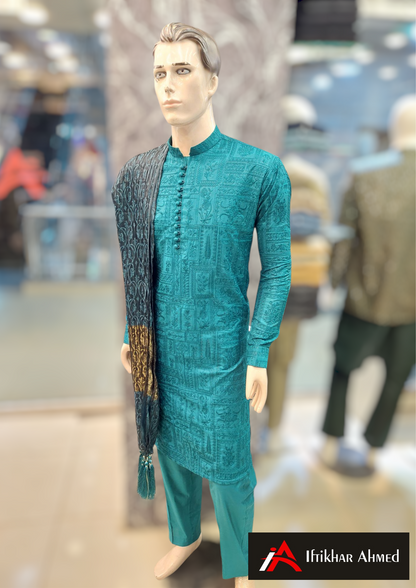 Teel Blue - Kurta Pajama - Masoori Sequence Work - Cotton Silk Fabric