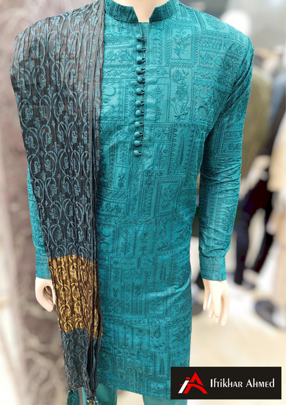 Teel Blue - Kurta Pajama - Masoori Sequence Work - Cotton Silk Fabric