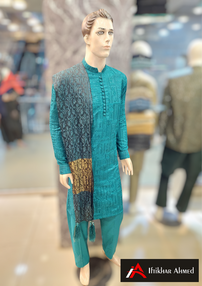 Teel Blue - Kurta Pajama - Masoori Sequence Work - Cotton Silk Fabric