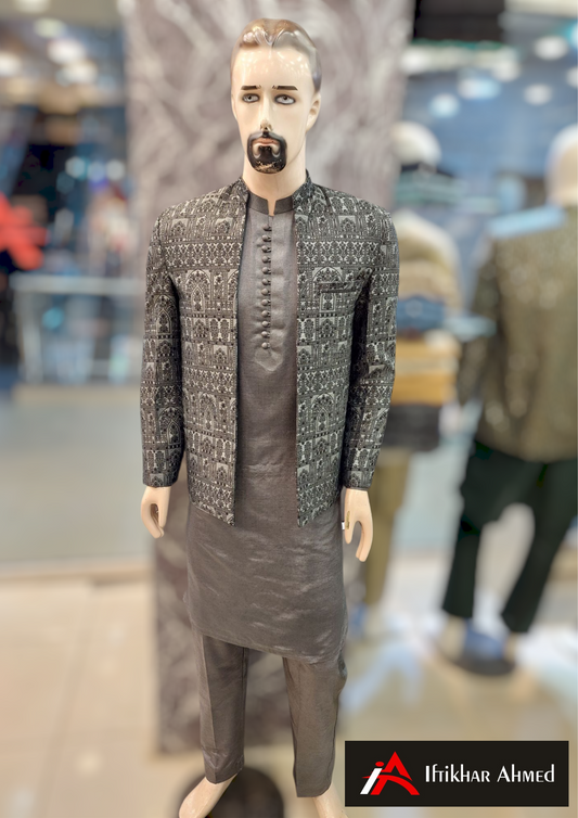 Charcoal Grey With Black Embroidery - Open Style Prince Coat - Masoori Fabric