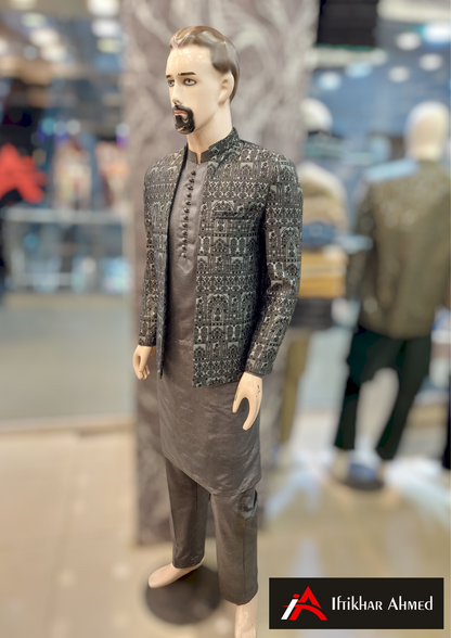 Charcoal Grey With Black Embroidery - Open Style Prince Coat - Masoori Fabric
