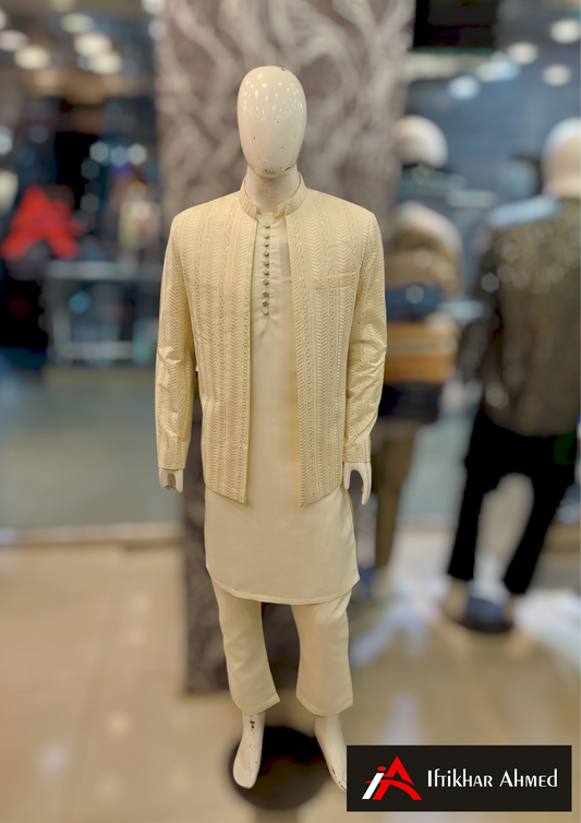 Cream With Same Embroidery - Open Style Prince Coat - Masoori Fabric