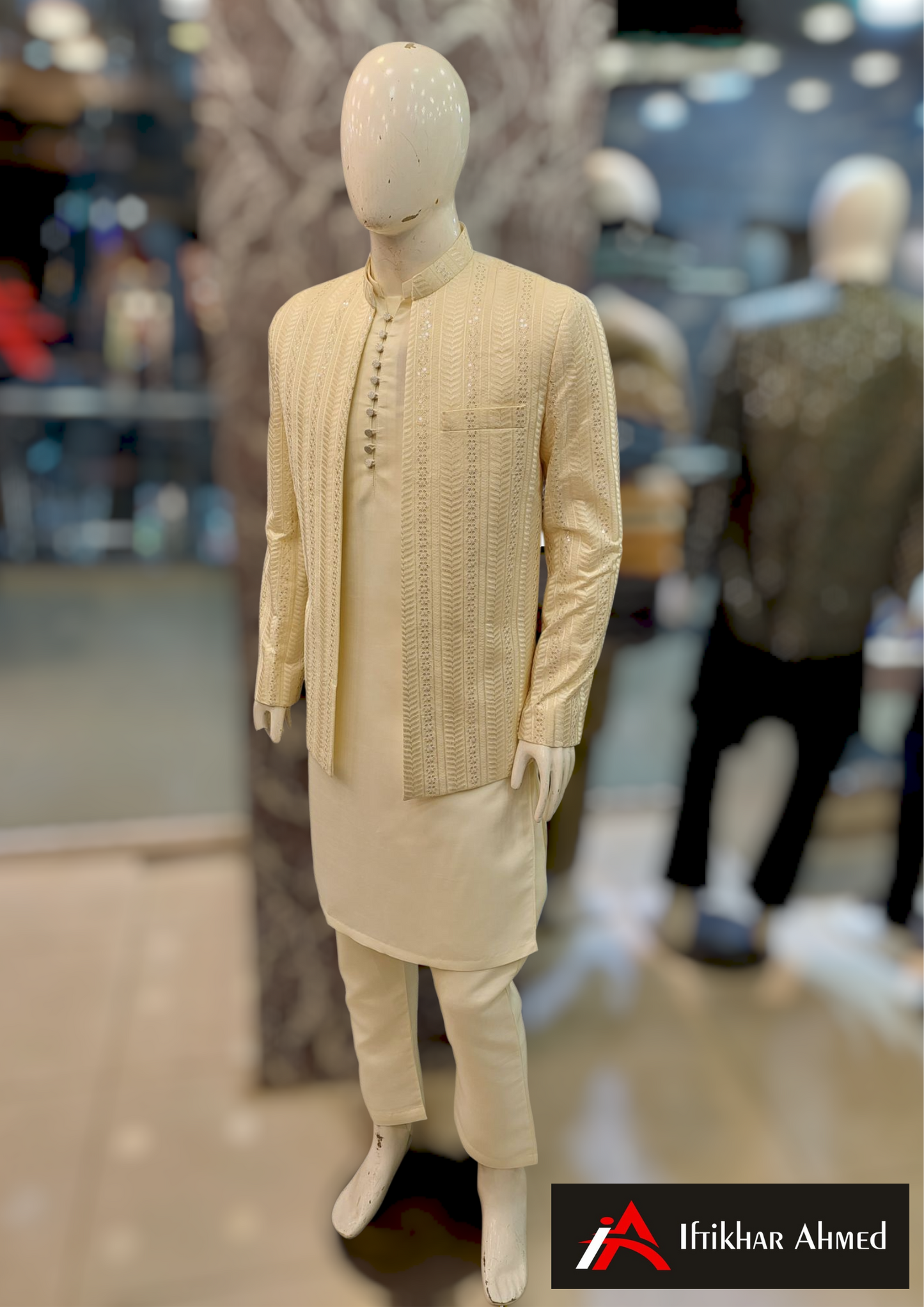 Cream With Same Embroidery - Open Style Prince Coat - Masoori Fabric