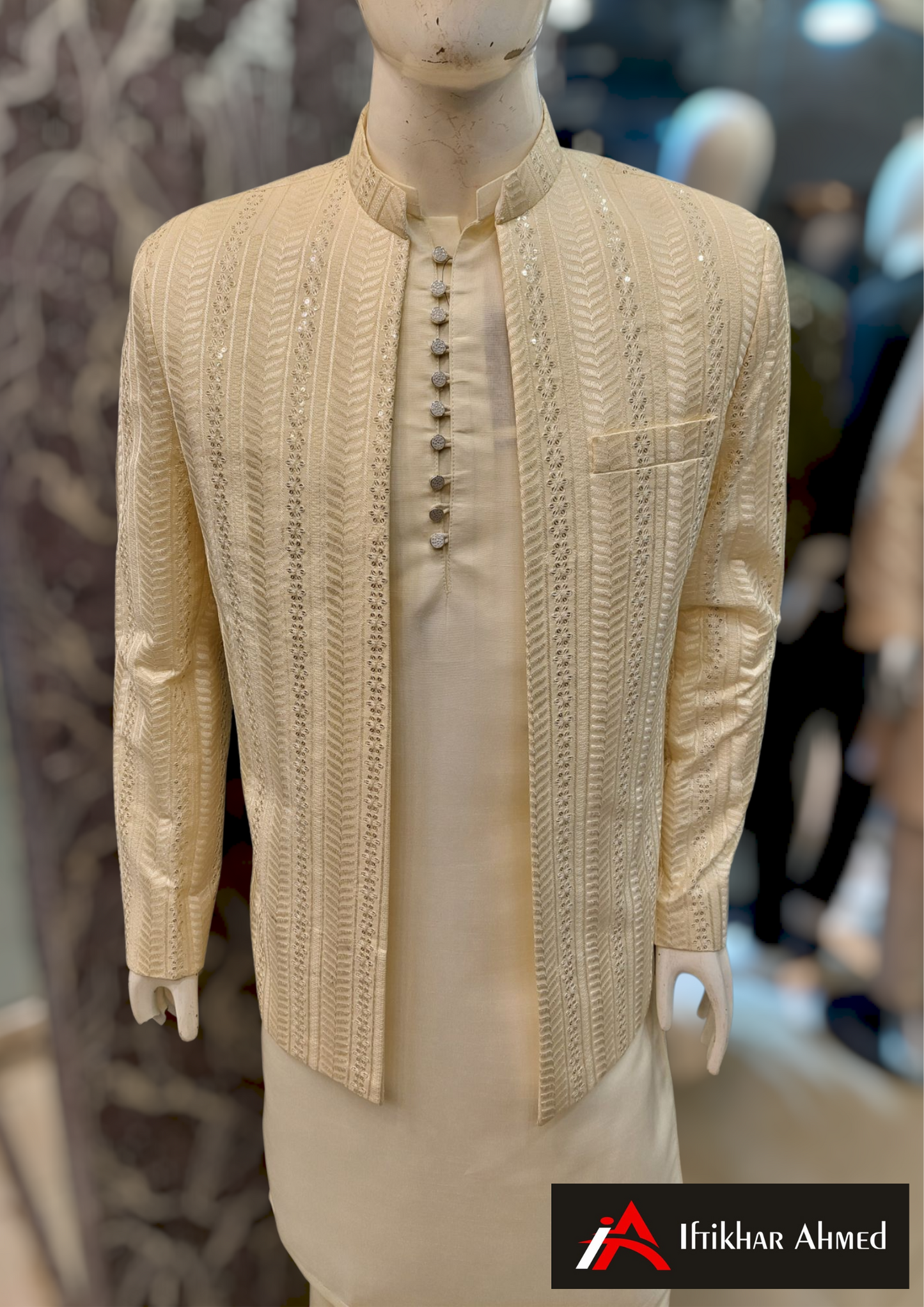 Cream With Same Embroidery - Open Style Prince Coat - Masoori Fabric