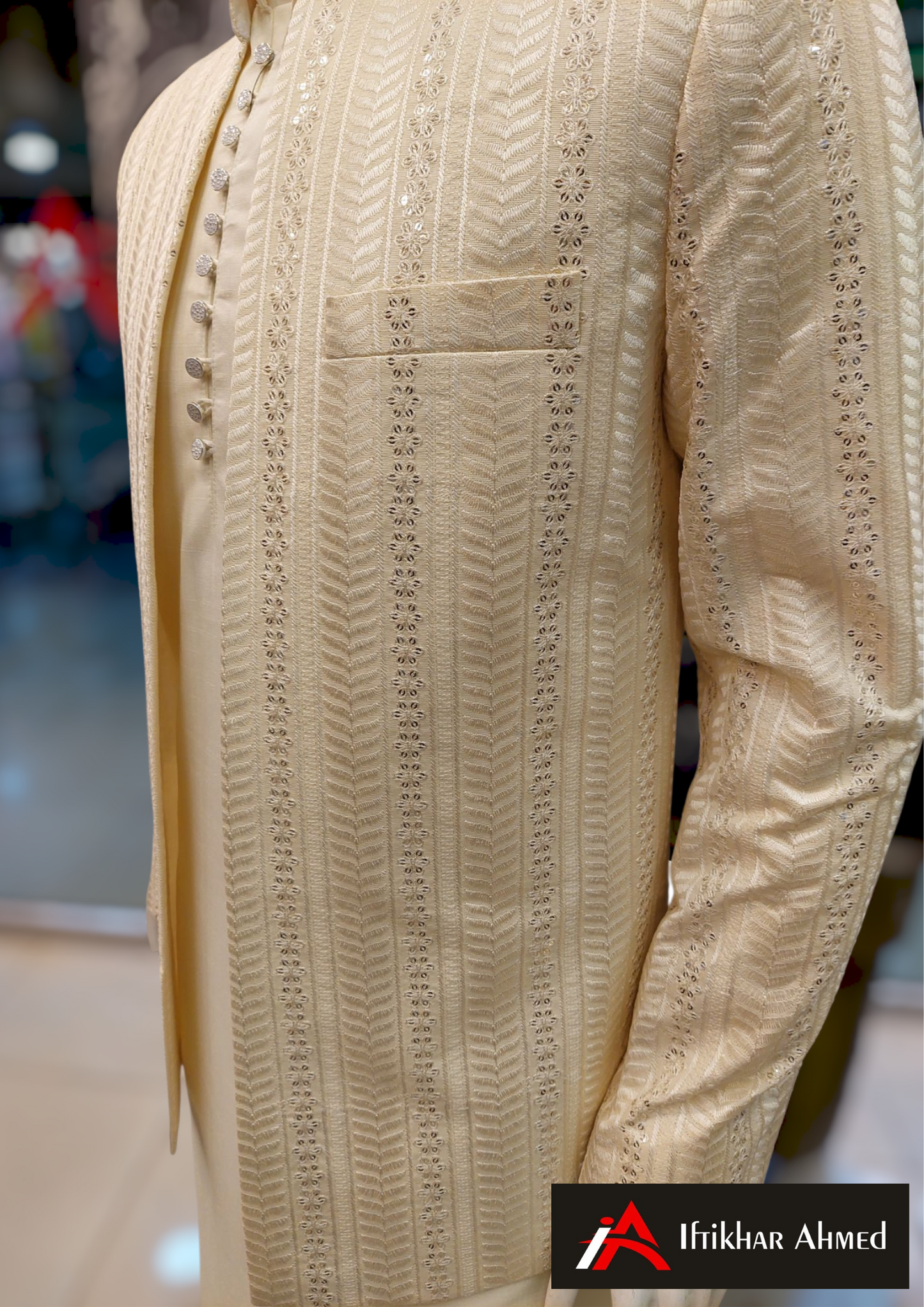 Cream With Same Embroidery - Open Style Prince Coat - Masoori Fabric