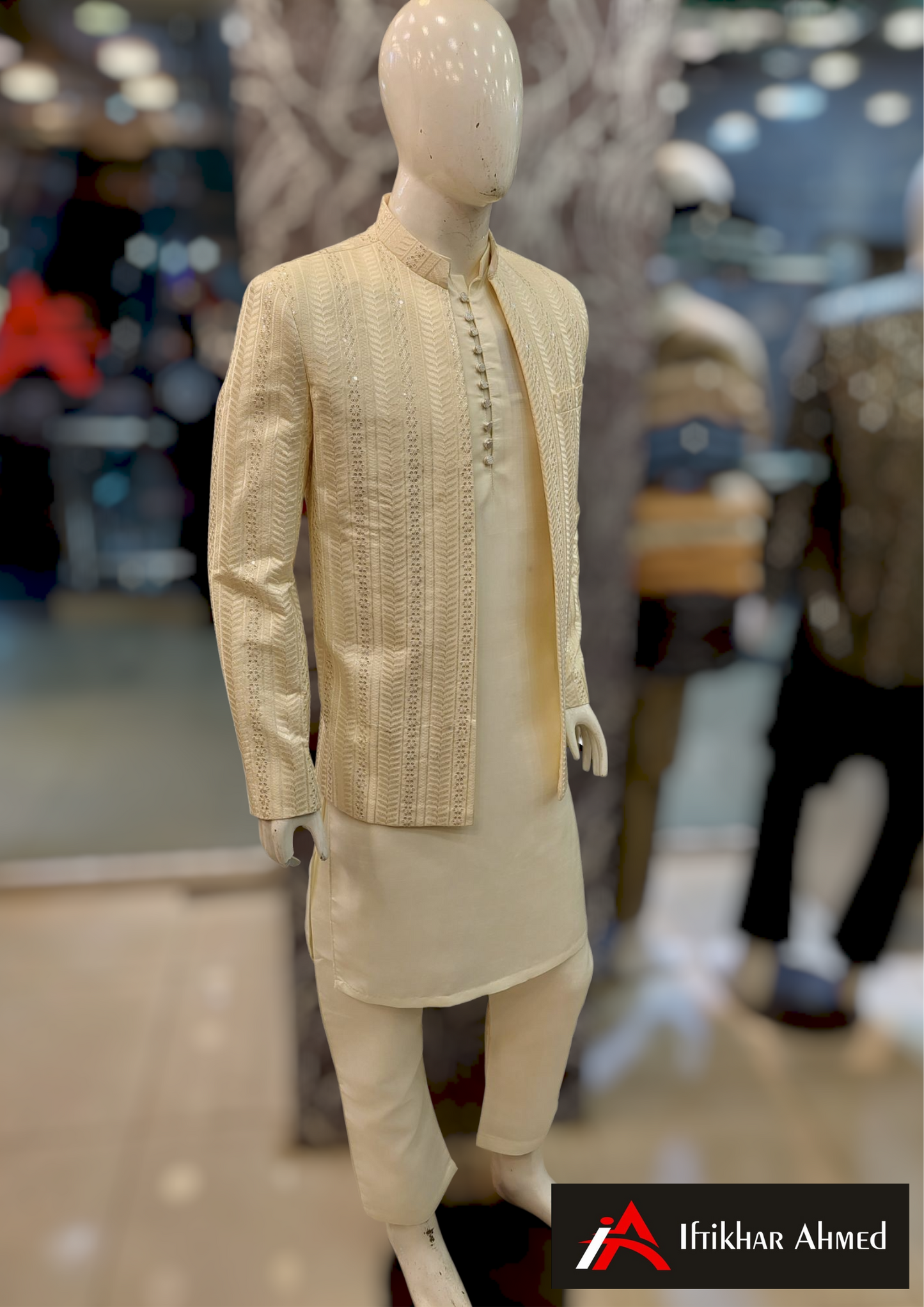 Cream With Same Embroidery - Open Style Prince Coat - Masoori Fabric
