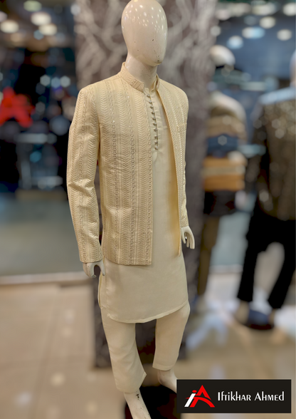 Cream With Same Embroidery - Open Style Prince Coat - Masoori Fabric