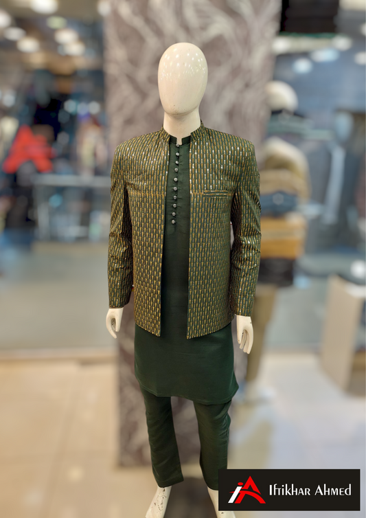 Bottle Green With Copper Embroidery - Open Style Prince Coat - Masoori Fabric