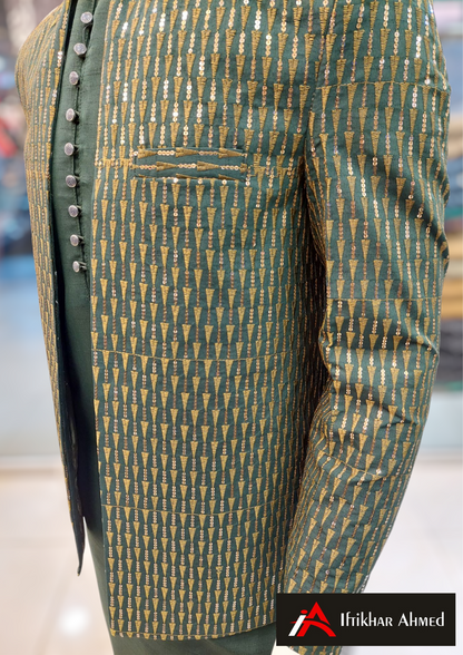 Bottle Green With Copper Embroidery - Open Style Prince Coat - Masoori Fabric